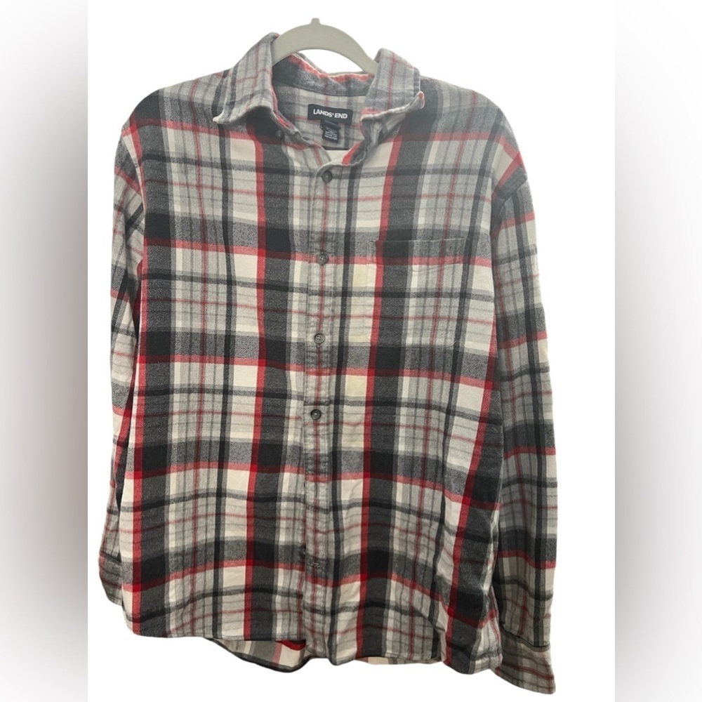 Lands End Mens M Red White Cotton Plaid Flannel Long Sleeve Button Down Shirt